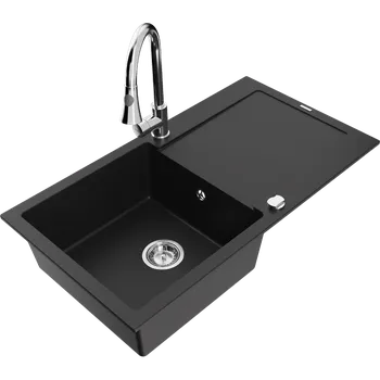 Granitový dřez Mexen Leo granitový dřez 1-komorový s odkapávačem a kuchyňskou baterií Elia, černý - 6501-77-670101-00 Granitové dřezy s baterií