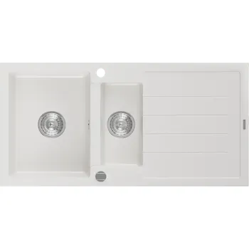 Granitový dřez Mexen Andres granitový dřez 1,5-komorový s odkapávačem 1000 x 500 mm, bílý, sifon chrom - 6515101510-20 Granitové dřezy