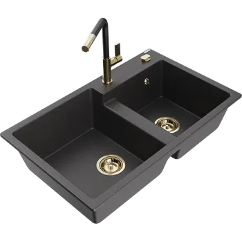 Granitový dřez Mexen Tomas dřez žulový 2-komorový s kuchyňskou baterií Flora, černý skvrnitý - 6516-76-670401-57-G Granitové dřezy s baterií