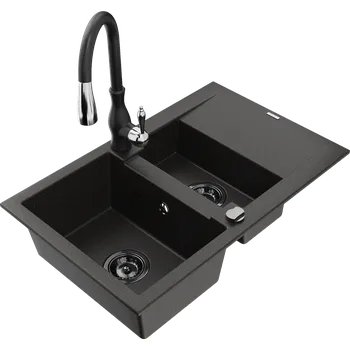 Granitový dřez Mexen Gaspar žulový dřez 1,5-komorový s odkapávačem a kuchyňskou baterií Savita, černý/zlatý - 6507-75-672601-70-B Granitové dřezy s baterií