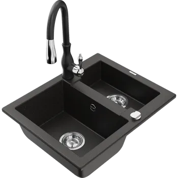 Granitový dřez Mexen Carlos granitový dřez 1,5komorový s kuchyňskou baterií Savita, černý/zlatý metalik - 6518-75-672601-70 Granitové dřezy s baterií