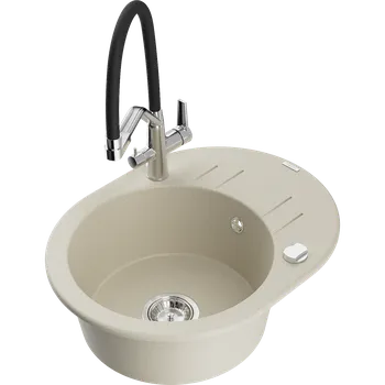 Granitový dřez Mexen Kevin granitový dřez jednodřezový s kuchyňskou baterií Duo, béžový - 6517-69-671701-07 Granitové dřezy s baterií