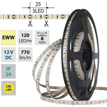 LED páska LED pásek SMD2835 EWW, 120LED/m, 9,6W/m, DC 12V, 770lm/m, CRI90, IP20, 8mm, 50m