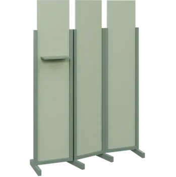Paraván ATMOSFERE LINE 319, dřevěný 3-dílný paraván, mobilní, výška 1900 mm, rám industrial green, výplň pistáciově zelená, polička