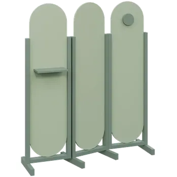 Paraván ATMOSFERE ROUND 416, dřevěný 3-dílný paraván, mobilní, výška 1600 mm, rám industrial green, výplň pistáciově zelená, polička, věšák