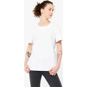DOMYOS Dámské fitness tričko s kulatým výstřihem bavlněné S BÍLÁ