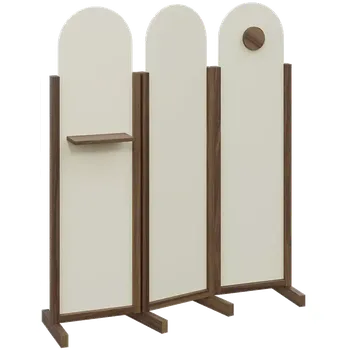 Paraván ATMOSFERE ROUND 216, dřevěný 3-dílný paraván, mobilní, výška 1600 mm, rám ořech královský, výplň smetanová, polička, věšák