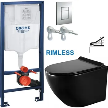 Klozet Rapid SL pro závěsné WC 38528SET s chromovou deskou + WC MEXEN LENA ČERNÁ Rimless + SEDÁTKO 38772001 ME01