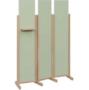 Paraván ATMOSFERE LINE 319, dřevěný 3-dílný paraván, mobilní, výška 1900 mm, rám dub bardolino, výplň šedo-zelinkavá, polička