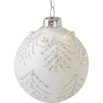 Vánoční ozdoba Baňka sklo závěs - 80 mm - bílá s větvičkami - 1 ks
