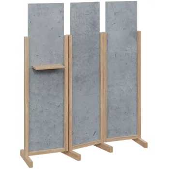 Paraván ATMOSFERE LINE 316, dřevěný 3-dílný paraván, mobilní, výška 1600 mm, rám dub bardolino, výplň beton šedý, polička