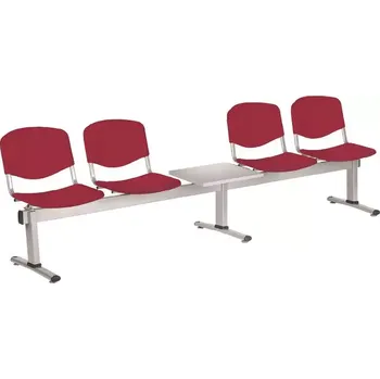 VINCENZA - 5 S, plastová lavice do čekárny, 4-sedák, stolek, vínová, kostra stříbrná