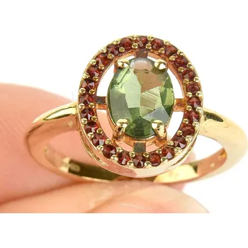 Prsten Vltavín a granáty prsten ovál (vel.57) 14K Au 585/1000 4,58g