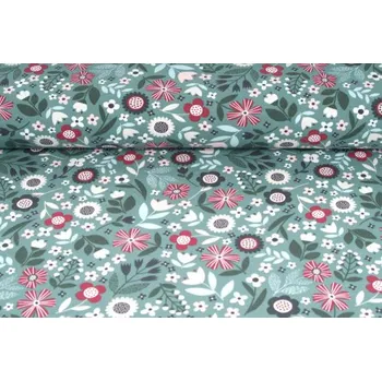 Úplet jednolíc kvítka na šedo-zeleném podkladu, tričkovina, látky, metráž