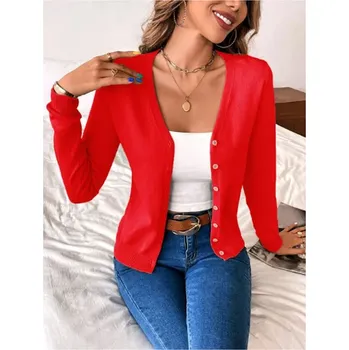 Dámský svetr Kašmírový dámský svetřík na knoflíčky Barva: Červená, Velikost: L