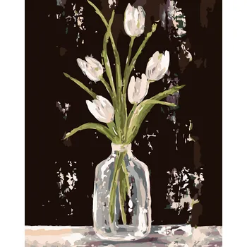 ZUTY Malování podle čísel - BÍLÉ TULIPÁNY VE SKLENĚNÉ VÁZE (HALEY BUSH) Rozměr: 40x50 cm, Rámování: bez rámu a bez vypnutí plátna