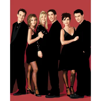 ZUTY Malování podle čísel - PŘÁTELÉ V ČERNÉM NA ČERVENÉM POZADÍ Rozměr: 40x50 cm, Rámování: bez rámu a bez vypnutí plátna