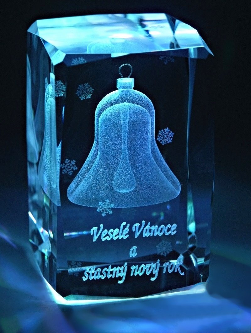 3D Vánoční zvoneček s přáním - těžítko (Laserovaný zvoneček ve skleněném kvádru 50x50x80 mm)