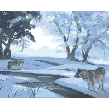ZUTY Malování podle čísel - VLCI U ŘEKY V ZIMĚ (D. RUSTY RUST) Rozměr: 40x50 cm, Rámování: bez rámu a bez vypnutí plátna