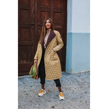 Dámský kabát Dámský dlouhý prošívaný kabát Frogies Frogies hnědá | krémová 1951041