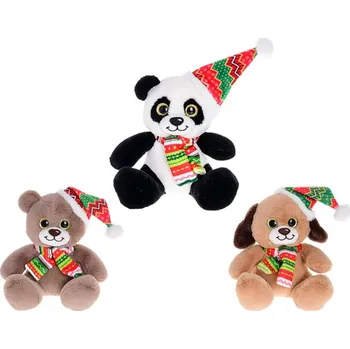 plyšák Zvířátko plyšové 15 cm sedící velké oči s čepicí a se šálou