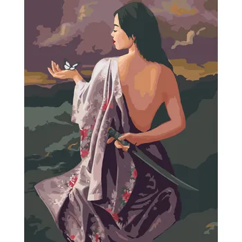 ZUTY Malování podle čísel - ŽENA V ŘŮZOVÉM KVĚTOVANÉM HEDVÁBÍ S DÝKOU A MOTÝL (PIETER WAGEMANS) Rozměr: 40x50 cm, Rámování: vypnuté plátno na rám