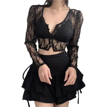 Sexy dámský krajkový crop top Barva: C - černá, Velikost: M