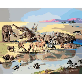 ZUTY Malování podle čísel - ZVÍŘATA U NAPAJEDLA 2 (D. RUSTY RUST) Rozměr: 40x50 cm, Rámování: bez rámu a bez vypnutí plátna