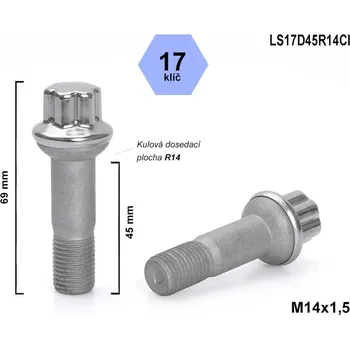 Šroubek na kolo Kolový šroub M14x1,5x45 kulový R14, MERCEDES AMG, klíč 17, LS17D45R14CI, výška 69