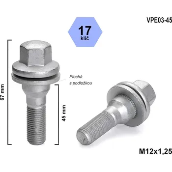 Šroubek na kolo Kolový šroub M12x1,25x45, VPE03-45, plochá podložka, CITROËN, FIAT, PEUGEOT, klíč 17, výška 67 mm