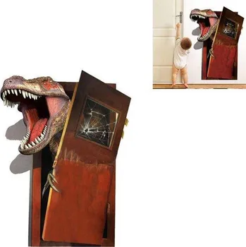 Tapeta 3D dekorace na zeď | dětská tapeta, dinosaur a dveře - 43 x 58 cm