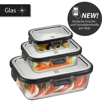 Dóza na potraviny Sada dóz na potraviny MILO 3ks, kontrola čerstvosti a zásoby přes aplikaci- GEFU Sada nádob na uskladnění potravin MILO, 3 kusy, obdélníkové (kontrola čerstvosti a zásoby přes aplikaci) - GEFU