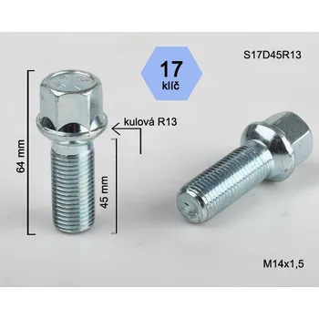 Šroubek na kolo Kolový šroub M14x1,5x45mm, dosedací plocha koule R13, klíč 17, pozink G (Šroub na kola)