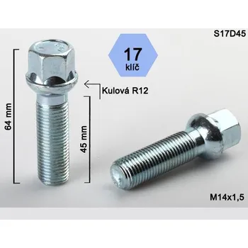 Šroubek na kolo Kolový šroub M14x1,5x45mm, dosedací plocha koule R12, klíč 17, pozink (Šroub na kola)