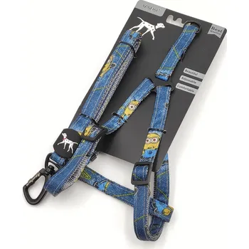 Postroj pro psa VÝPRODEJ - Postroj pro psa s vodítkem riflový s potiskem Mimoni 40-60cm, délka 120cm (Riflový postroj s potiskem pro psa s vodítkem)