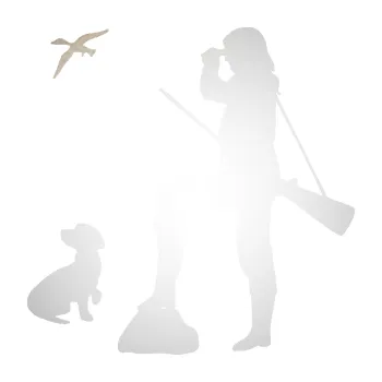 Polep vozidla SAMOLEPKA Lov 003 levá myslivkyně se psem (82 - odrazková reflexní bílá) NA AUTO, NÁLEPKA, FÓLIE, POLEP, TUNING, VLASTNÍ TEXT, TISK, AUTOSAMOLEPKY.cz, POLEPY, OBRÁZEK, LOGO, SAMOLEPKY