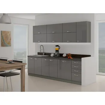 Kuchyňská linka Kuchyně AVERNA 260 cm, korpus: platinově šedá, dvířka: šedý lesk + vyzvednutí ZDARMA
