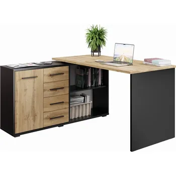 Psací stůl Rohový psací stůl NEJBY GIANNI, levý, černá/dub wotan + PROVĚŘENO zákazníky + vyzvednutí ZDARMA