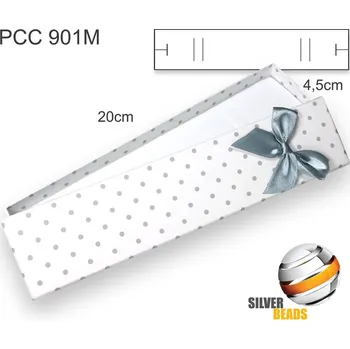Dárková krabička Krabička na šperky podlouhlá. Materiál papír. Ozn. PCC 901M. Barva BÍLÁ s puntíky a šedou ozdobnou stužkou.