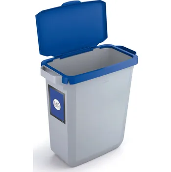 Odpadkový koš Odpadkový koš na třídění surovin, z PE, objem 60 litrů, šedý, modré sklopné víko, info rámeček