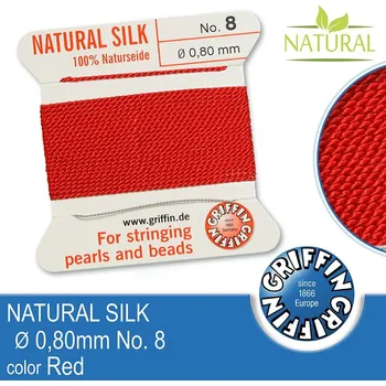 Nit Hedvábná nit s jehlou GRIFFIN síla nitě 0,80mm No.8 délka 2m. Barva Red
