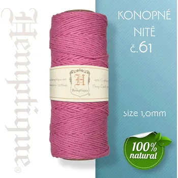 Nit Konopná nit HEMP CORD síla nitě 1,0mm. METRÁŽ Barva č.61 Růžová