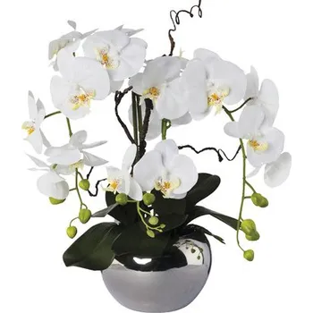 umělá květina Umělá květina phalaenopsis aranžmá 55 cm bílá ve stříbrném květináči Real Touch