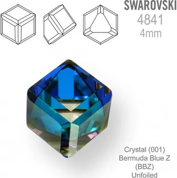 SWAROVSKI 4841 Angled Cube (zkosená kostka) barva Crystal (001) Bermuda Blue Z (BBZ) Unfoiled velikost 4mm.