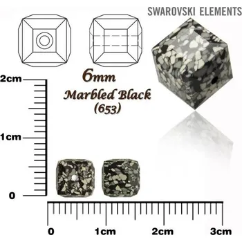 Dětské navlékací korálky SWAROVSKI CUBE Beads 5601/B KERAMICKÉ korálky barva MARBLED BLACK velikost 6mm.