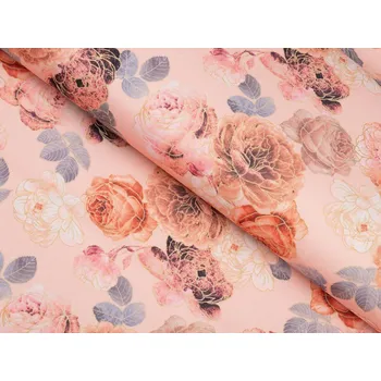 Teflonová látka na ubrusy TF-062 Růže na lososově růžovém - šířka 155 cm