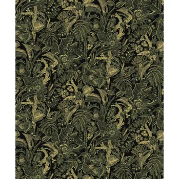 Tapeta Černo-zeleno-zlatá vliesová tapeta s květinami a listy, SUM505, Summer, Khroma by Masureel