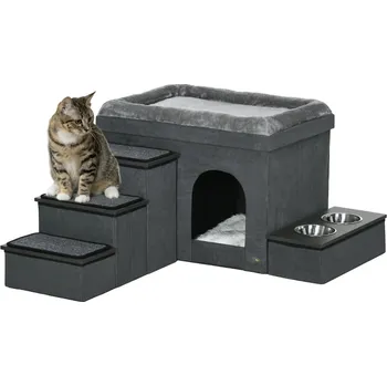 Pelíšek pro kočku Domeček pro kočky schody plus misky polštář HUTPAW | šedá