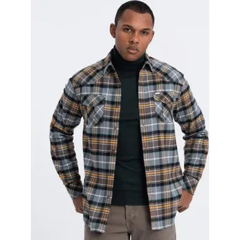 Pánská móda Pánská kostkovaná flanelová košile s kapsami V1 OM-SHCS-0149 šedožlutá