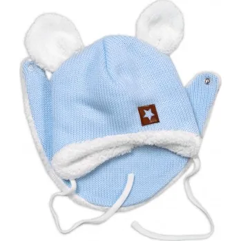 Čepice Pletená zimní čepice s kožíškem a šátkem Star, modrá, Velikost koj. oblečení 56-62 (0-3m)